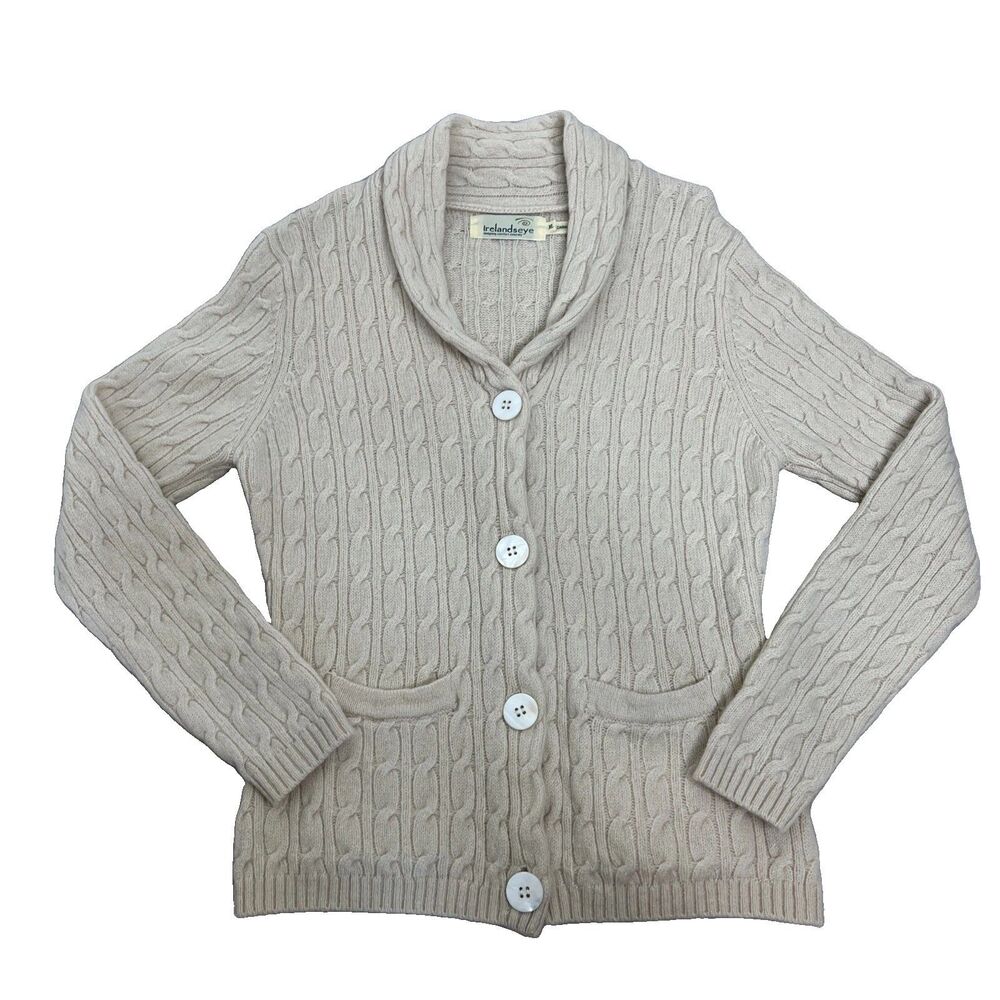Irelands Eye Cardigan Sweater XL Beige Cable Knit Fisherman Wool Blend VTG